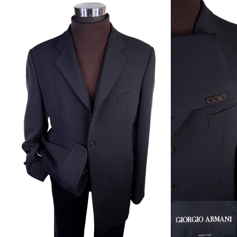 Giorgio Armani Blazer Sport Coat Sz 44R Solid Black Wool Three Button Jacket
